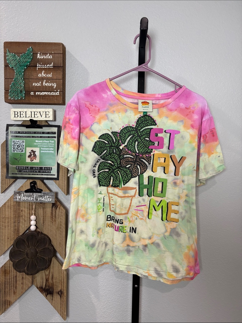 FARM Rio Multicolor Tie-Dye 'Stay Home' Graphic Tee with Green Plant 21ptp 23L